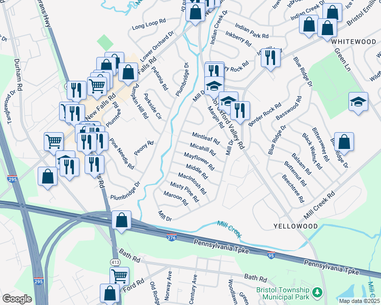 map of restaurants, bars, coffee shops, grocery stores, and more near 44 Mayflower Road in Levittown
