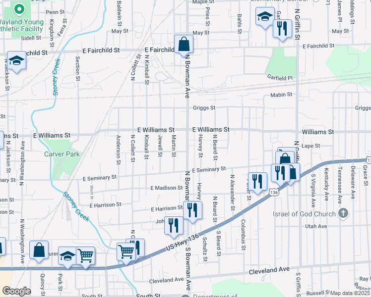 map of restaurants, bars, coffee shops, grocery stores, and more near 500 North Bowman Avenue in Danville