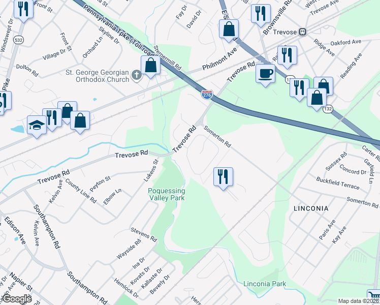 map of restaurants, bars, coffee shops, grocery stores, and more near 14 Beechwood Boulevard in Bucks County
