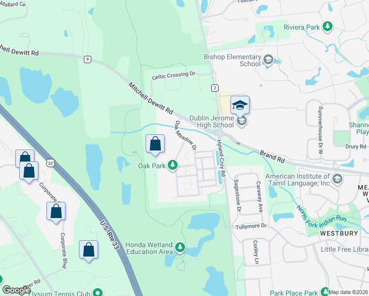 map of restaurants, bars, coffee shops, grocery stores, and more near 8062 Pleasant Drive in Dublin