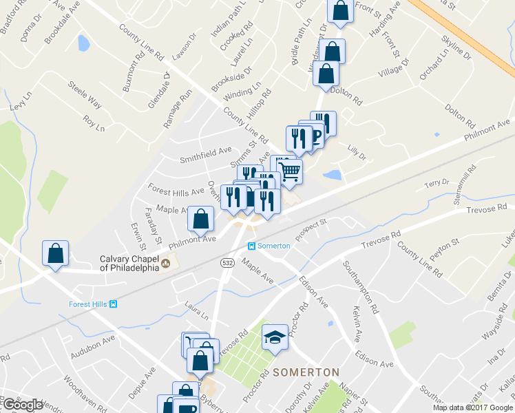 map of restaurants, bars, coffee shops, grocery stores, and more near 14254 Bustleton Avenue in Philadelphia