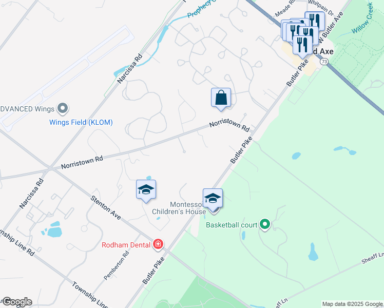 map of restaurants, bars, coffee shops, grocery stores, and more near 92 Norristown Road in Blue Bell