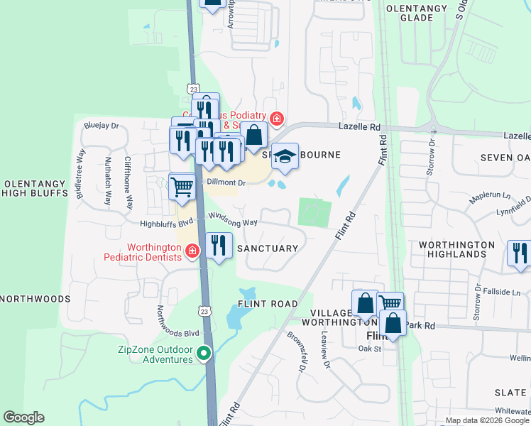 map of restaurants, bars, coffee shops, grocery stores, and more near 139 Green Springs Drive in Columbus