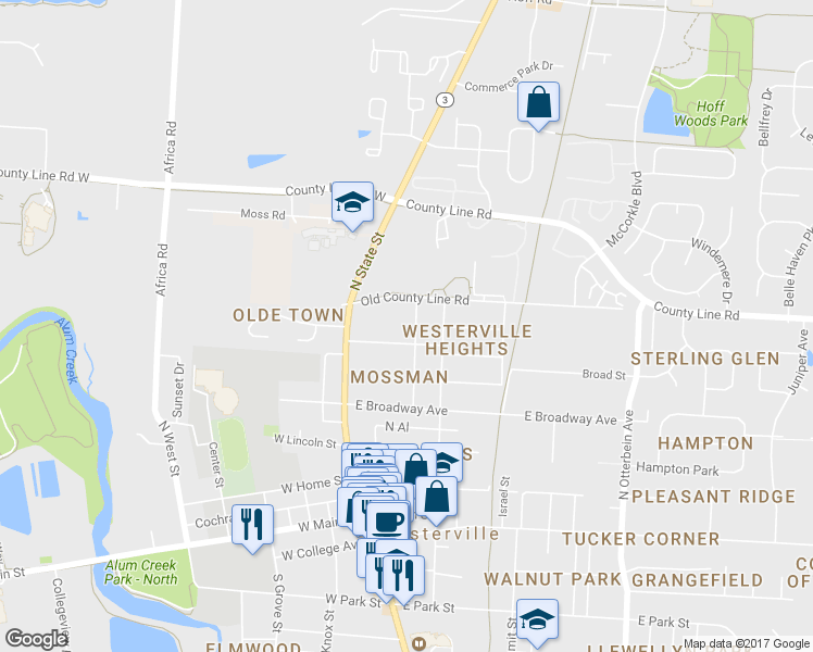 map of restaurants, bars, coffee shops, grocery stores, and more near 233 Hamilton Avenue in Westerville