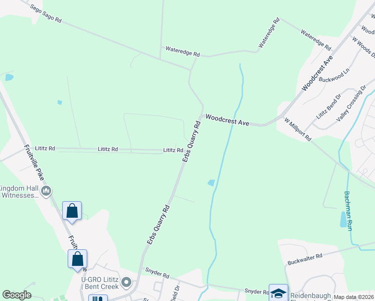 map of restaurants, bars, coffee shops, grocery stores, and more near 16 Lititz Road in Lititz