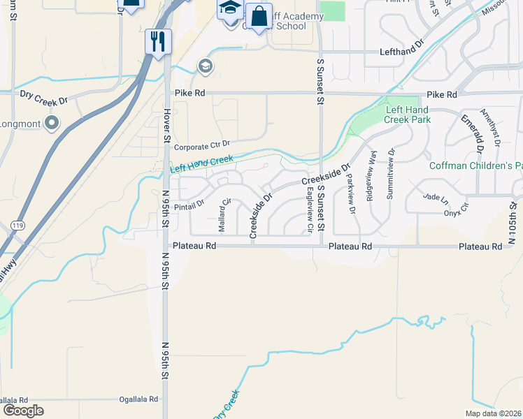 map of restaurants, bars, coffee shops, grocery stores, and more near 2304 Creekside Drive in Longmont