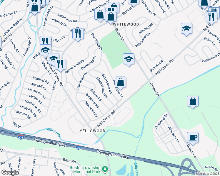 map of restaurants, bars, coffee shops, grocery stores, and more near 40 Bittersweet Road in Levittown