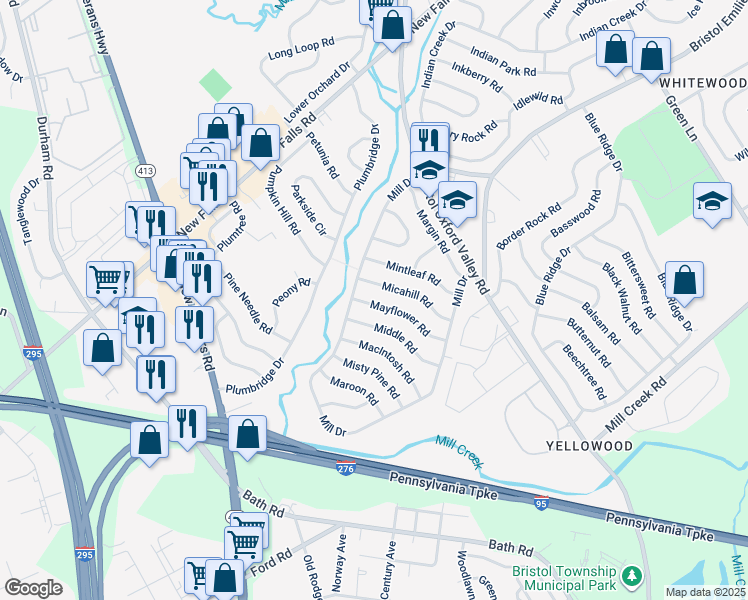 map of restaurants, bars, coffee shops, grocery stores, and more near 50 Mayflower Road in Levittown