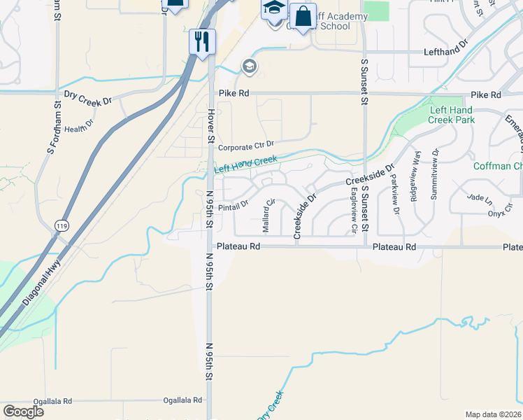 map of restaurants, bars, coffee shops, grocery stores, and more near 2440 Mallard Circle in Longmont
