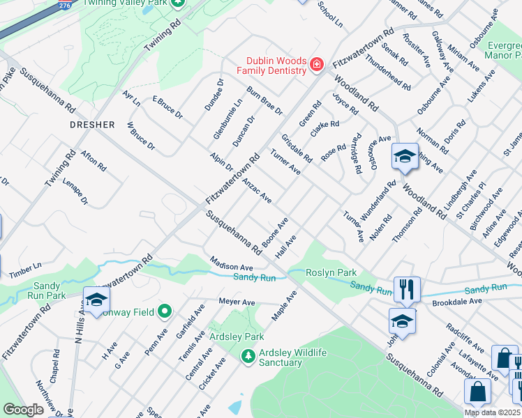 map of restaurants, bars, coffee shops, grocery stores, and more near 1141 Wilson Avenue in Roslyn