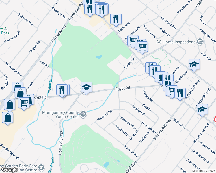 map of restaurants, bars, coffee shops, grocery stores, and more near 119 Egypt Road in Norristown