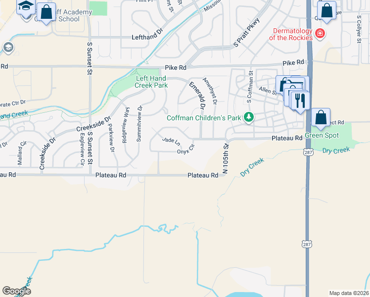 map of restaurants, bars, coffee shops, grocery stores, and more near 1541 Onyx Circle in Longmont