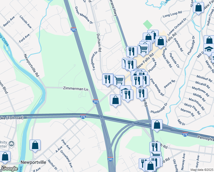 map of restaurants, bars, coffee shops, grocery stores, and more near 2366 Durham Road in Langhorne
