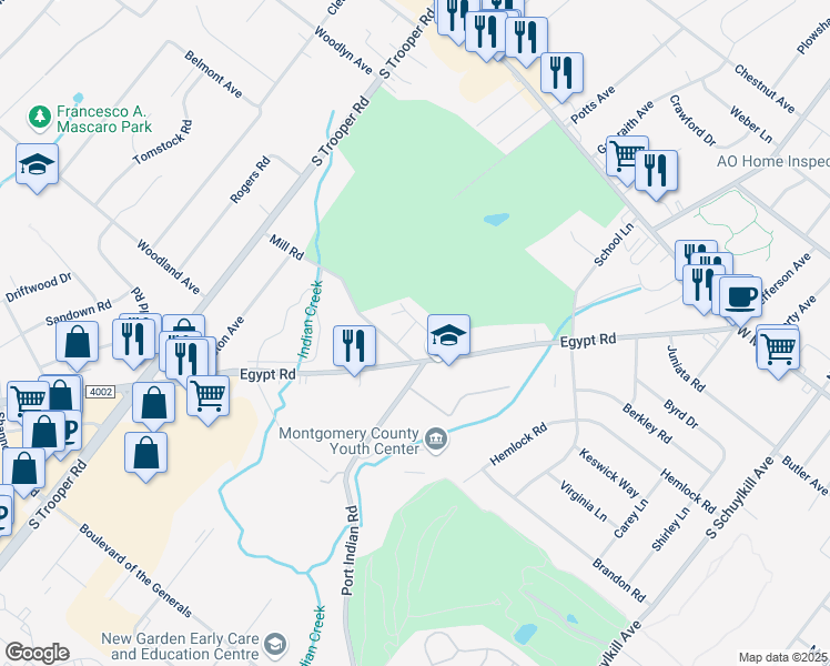 map of restaurants, bars, coffee shops, grocery stores, and more near 109 Fairway Lane in Norristown