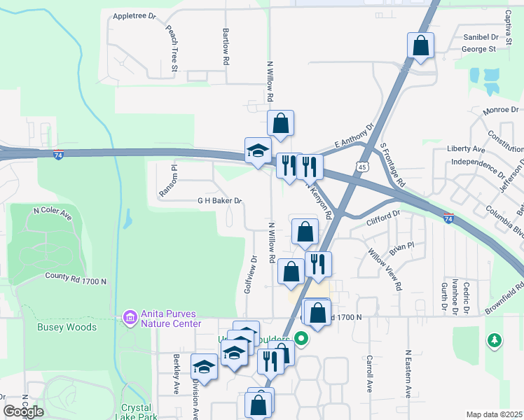 map of restaurants, bars, coffee shops, grocery stores, and more near 2007 Co Road 1400 East in Urbana
