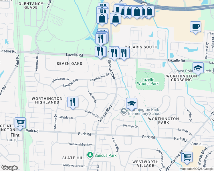 map of restaurants, bars, coffee shops, grocery stores, and more near 944 Philadelphia Drive in Westerville