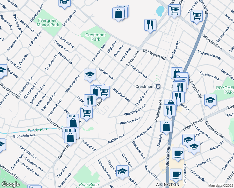 map of restaurants, bars, coffee shops, grocery stores, and more near 2338 Hamilton Avenue in Roslyn