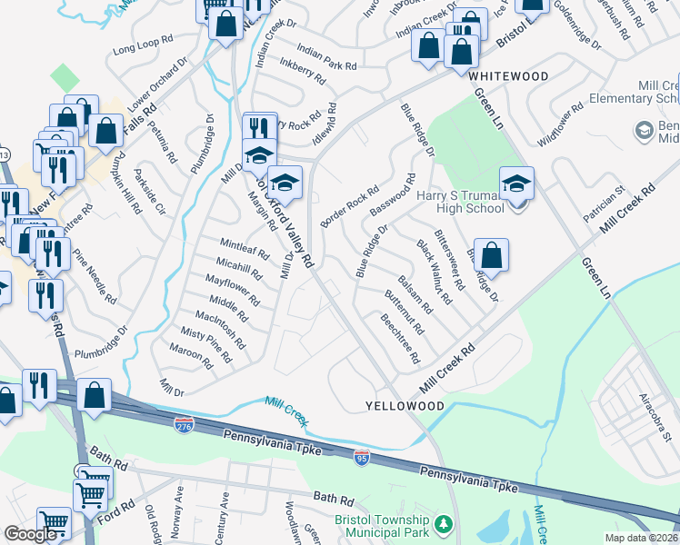 map of restaurants, bars, coffee shops, grocery stores, and more near 11 Brown Bark Road in Levittown