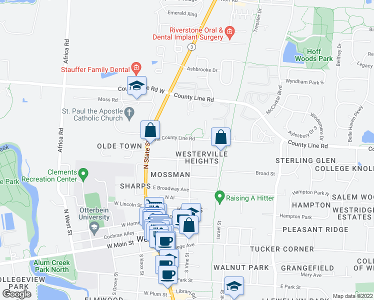 map of restaurants, bars, coffee shops, grocery stores, and more near 231 North Vine Street in Westerville