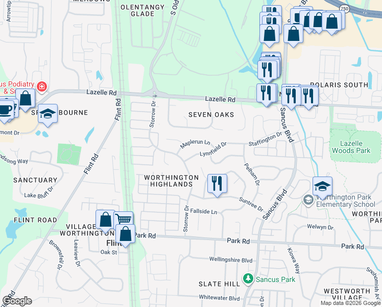 map of restaurants, bars, coffee shops, grocery stores, and more near 664 Lynnfield Drive in Westerville