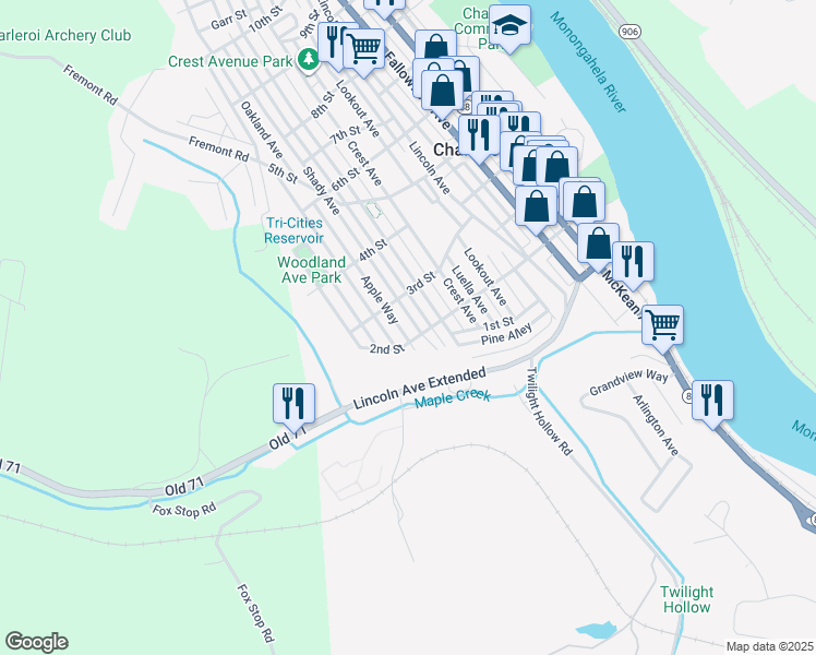 map of restaurants, bars, coffee shops, grocery stores, and more near 205 Shady Avenue in Charleroi