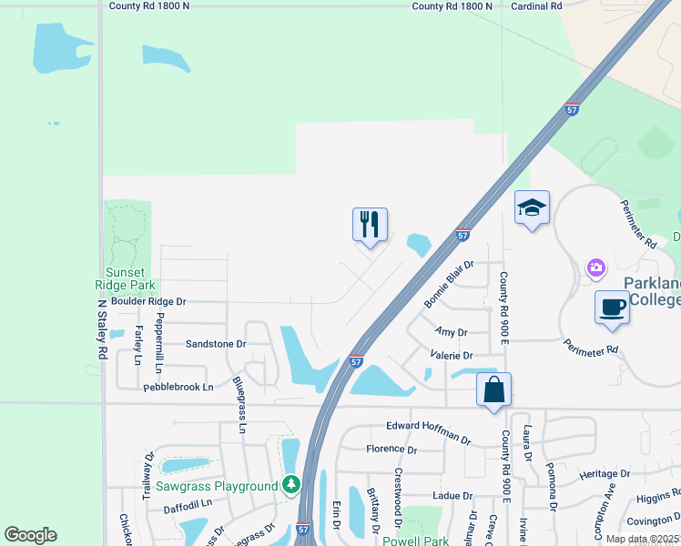 map of restaurants, bars, coffee shops, grocery stores, and more near 1507 Greyrock Lane in Champaign