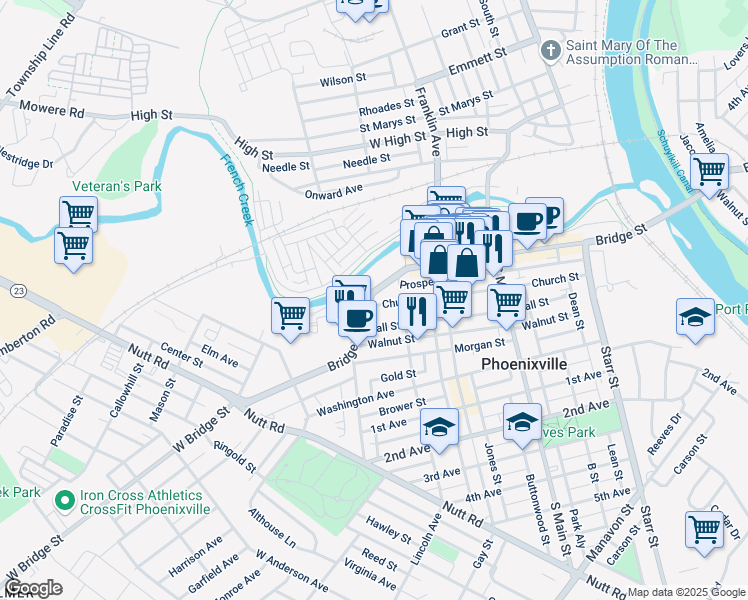 map of restaurants, bars, coffee shops, grocery stores, and more near 376 Bridge Street in Phoenixville