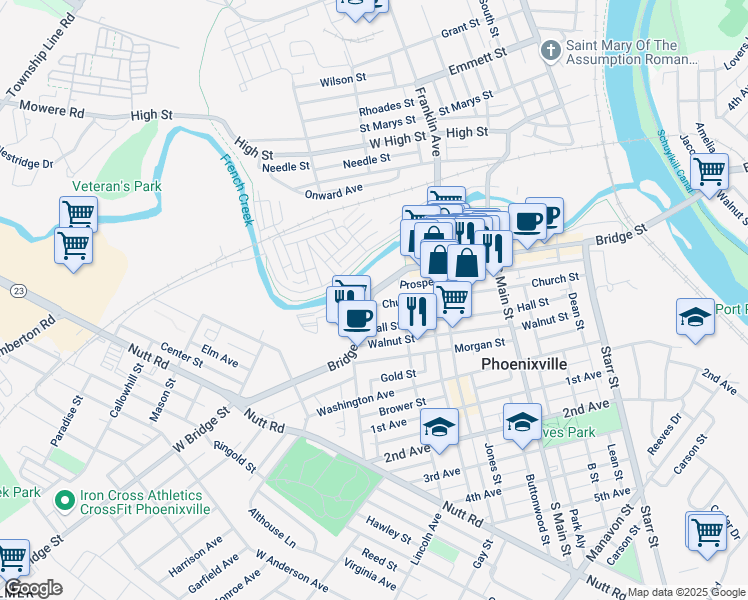 map of restaurants, bars, coffee shops, grocery stores, and more near 395 Bridge Street in Phoenixville