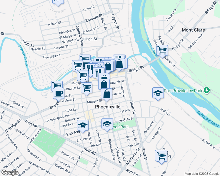 map of restaurants, bars, coffee shops, grocery stores, and more near 119 Jackson St in Phoenixville