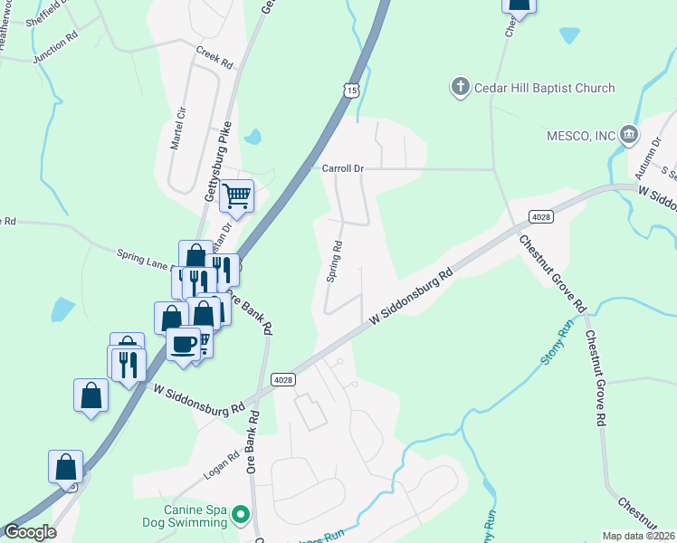map of restaurants, bars, coffee shops, grocery stores, and more near 123 Spring Rd in Dillsburg