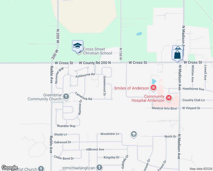 map of restaurants, bars, coffee shops, grocery stores, and more near 1736 Greenwood Drive in Anderson
