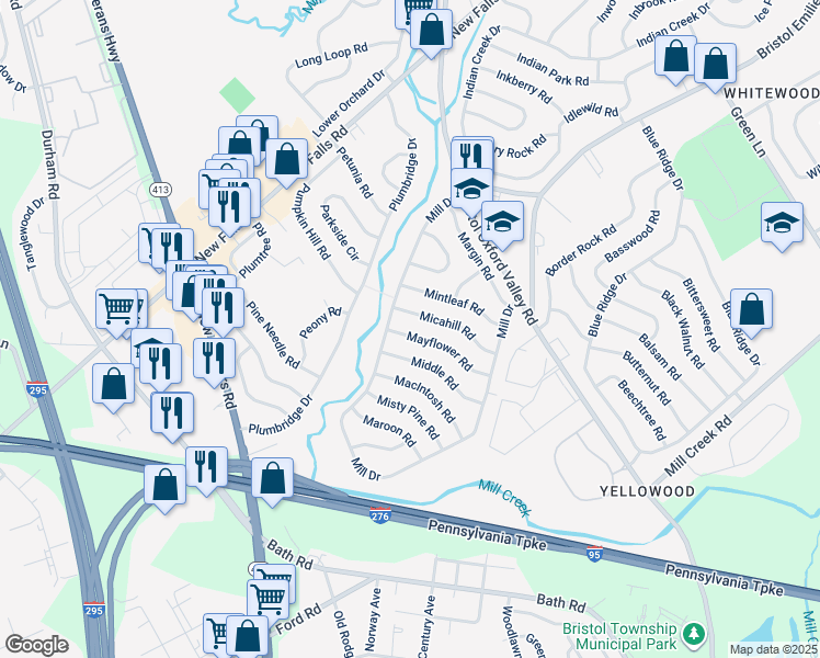 map of restaurants, bars, coffee shops, grocery stores, and more near 50 Mayflower Road in Levittown