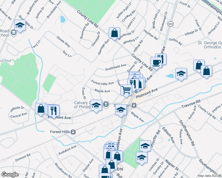 map of restaurants, bars, coffee shops, grocery stores, and more near 419 Maple Avenue in Philadelphia