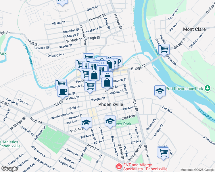 map of restaurants, bars, coffee shops, grocery stores, and more near 110 Main Street in Phoenixville