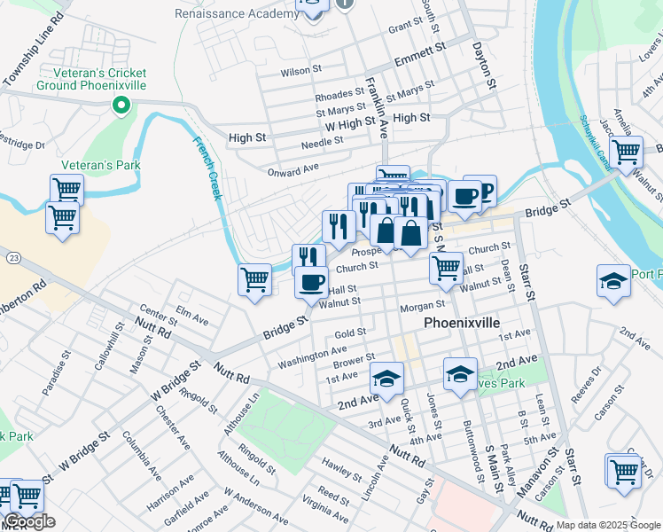 map of restaurants, bars, coffee shops, grocery stores, and more near 359 Church Street in Phoenixville