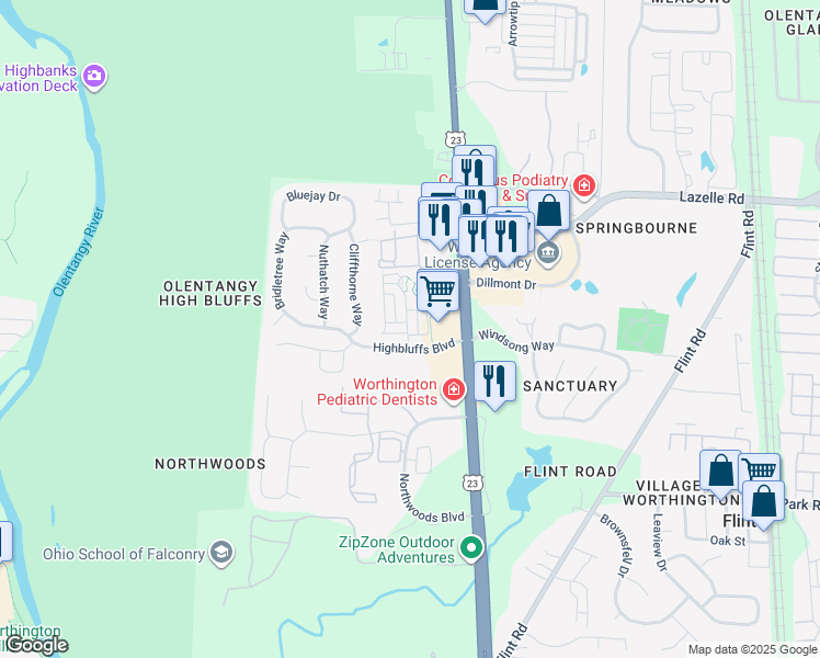 map of restaurants, bars, coffee shops, grocery stores, and more near 8288 Linton Boulevard in Columbus