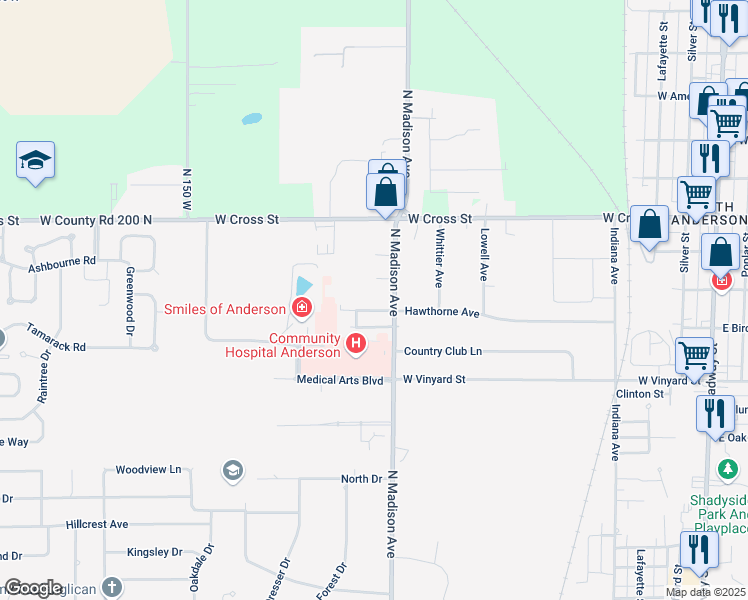 map of restaurants, bars, coffee shops, grocery stores, and more near 1809 North Madison Avenue in Anderson