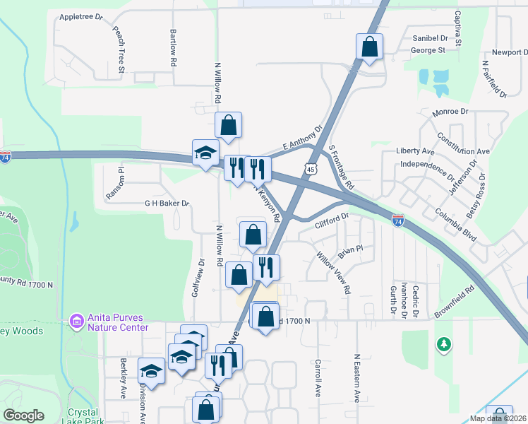 map of restaurants, bars, coffee shops, grocery stores, and more near 2005 North Kenyon Road in Urbana