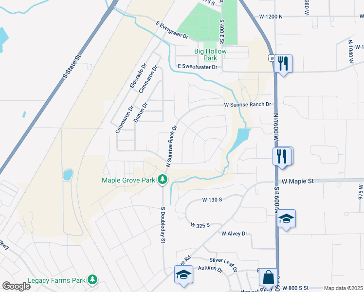 map of restaurants, bars, coffee shops, grocery stores, and more near North Pinnacle Avenue in Springville
