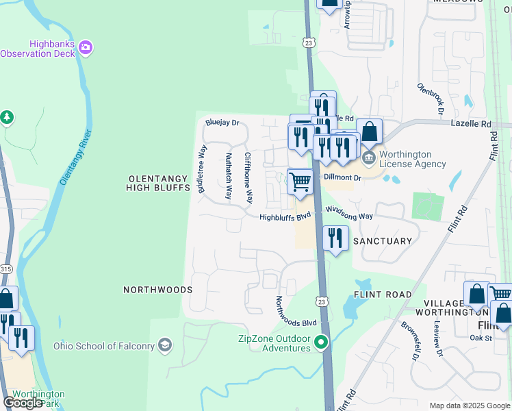 map of restaurants, bars, coffee shops, grocery stores, and more near 8330 Cliffthorne Way in Columbus