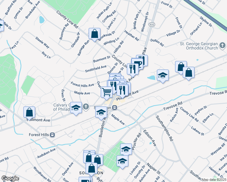 map of restaurants, bars, coffee shops, grocery stores, and more near 14230 Bustleton Avenue in Philadelphia
