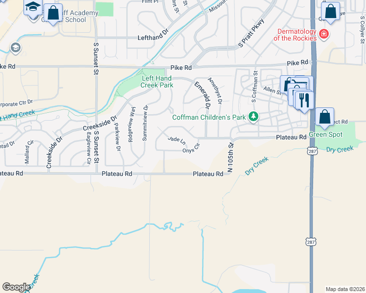 map of restaurants, bars, coffee shops, grocery stores, and more near 1510 Onyx Circle in Longmont