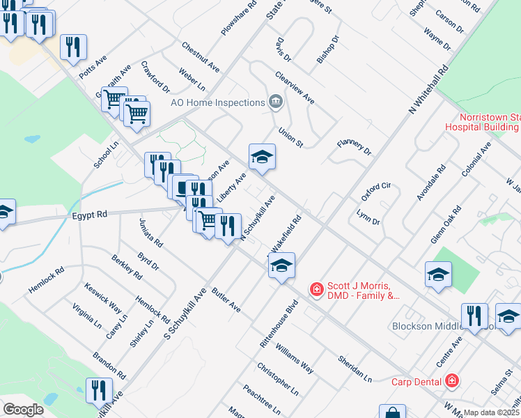 map of restaurants, bars, coffee shops, grocery stores, and more near 47 North Schuylkill Avenue in Norristown