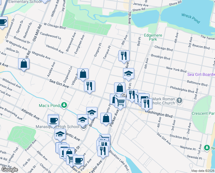 map of restaurants, bars, coffee shops, grocery stores, and more near 2185 8th Avenue in Sea Girt