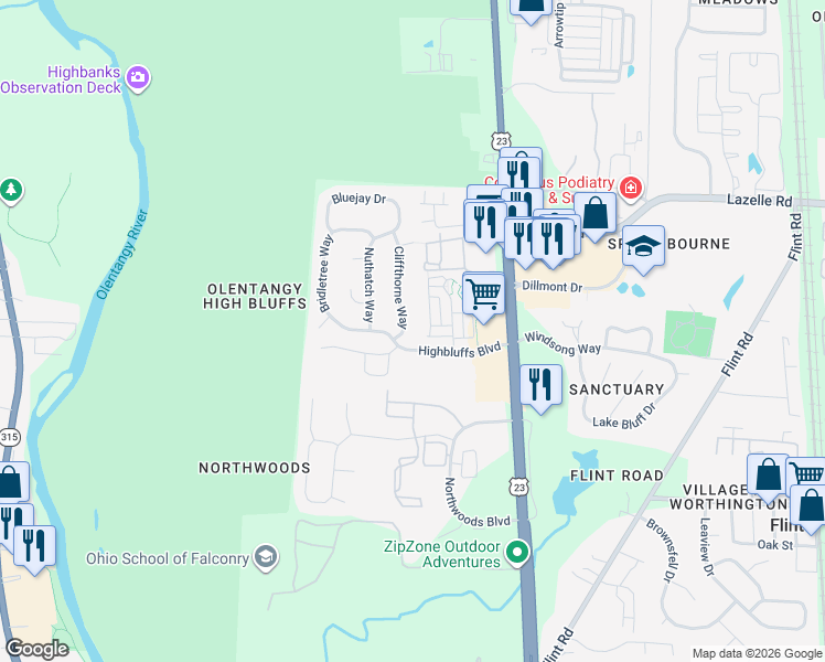 map of restaurants, bars, coffee shops, grocery stores, and more near 8330 Cliffthorne Way in Columbus
