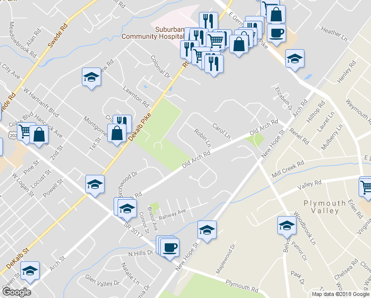 map of restaurants, bars, coffee shops, grocery stores, and more near 2205 Carol Lane in Norristown