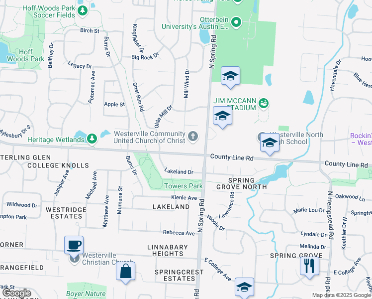 map of restaurants, bars, coffee shops, grocery stores, and more near 289 Millwind Court South in Westerville