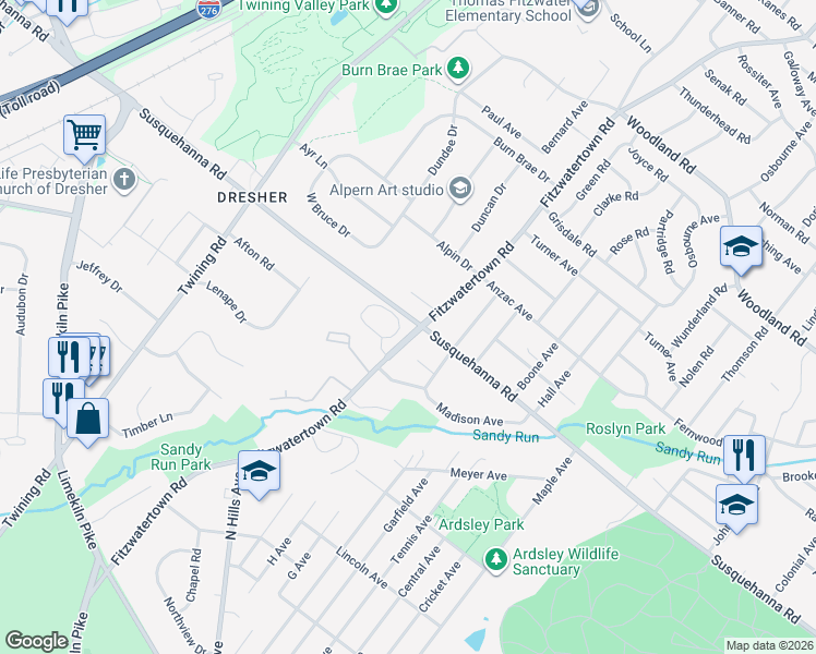 map of restaurants, bars, coffee shops, grocery stores, and more near 1050 Fitzwatertown Road in Dresher
