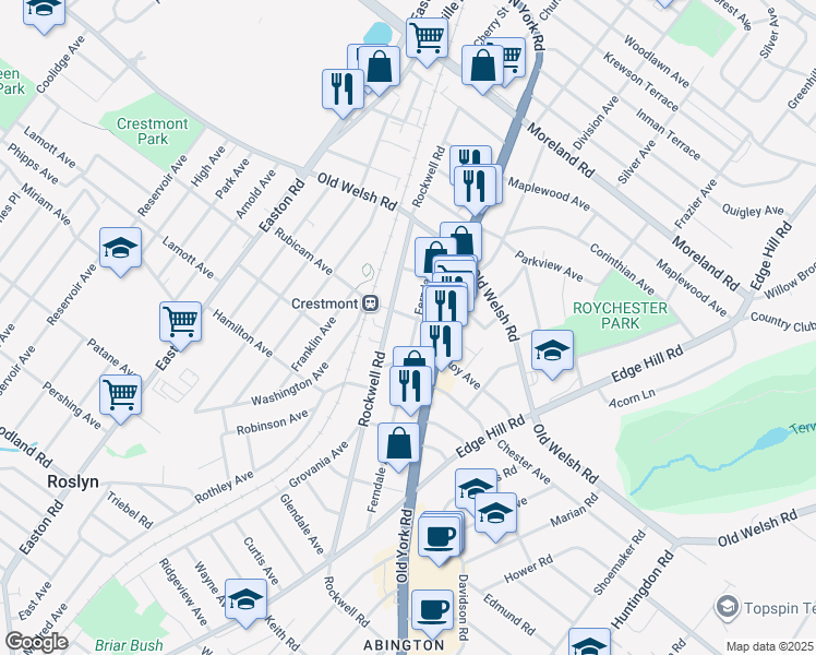 map of restaurants, bars, coffee shops, grocery stores, and more near 1726 Ferndale Avenue in Abington