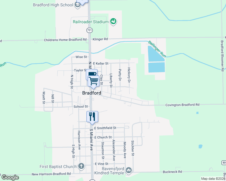 map of restaurants, bars, coffee shops, grocery stores, and more near 128 Liberty Street in Bradford